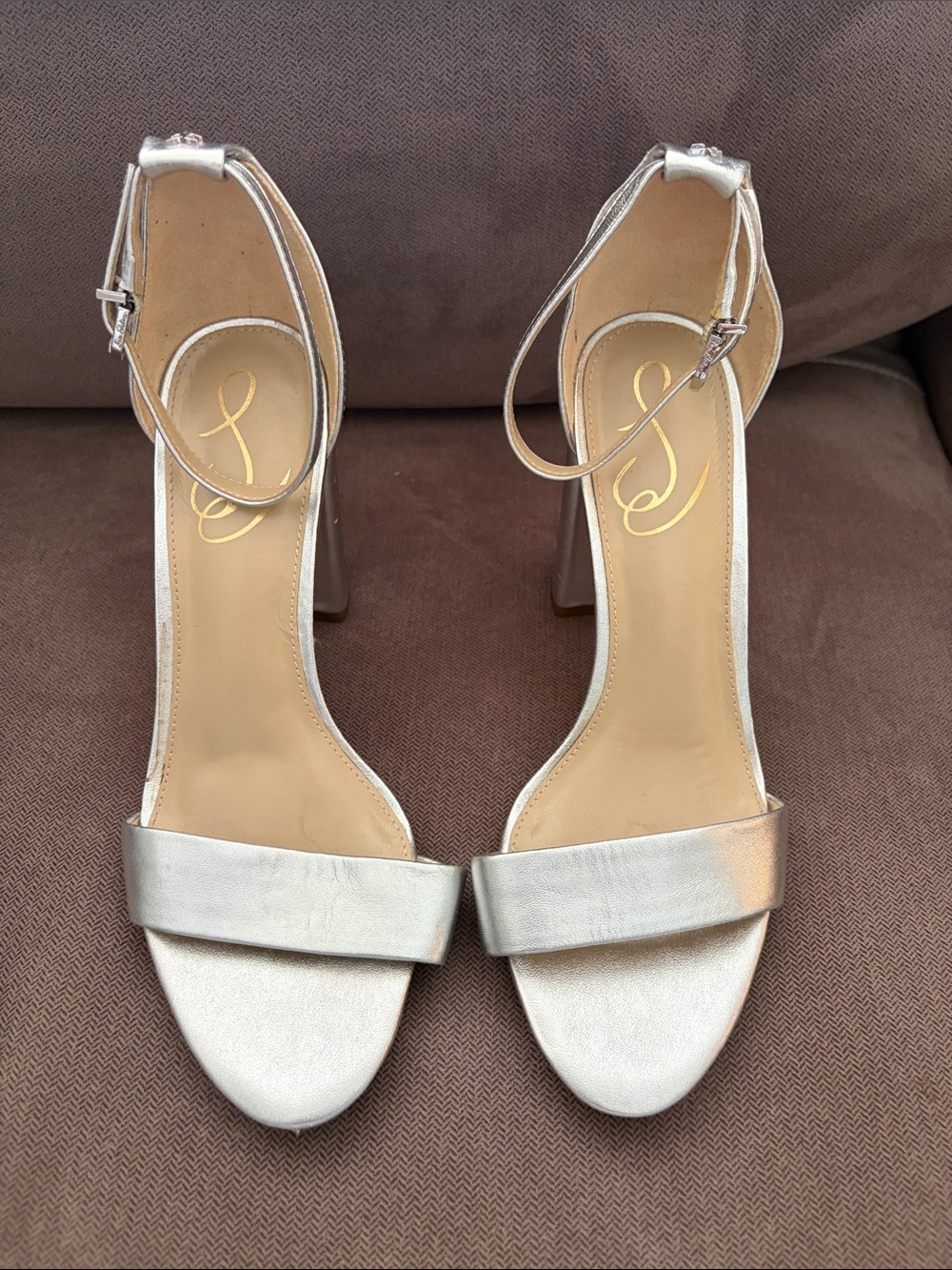 Silver Ankle-Strap Block Heel Sandals